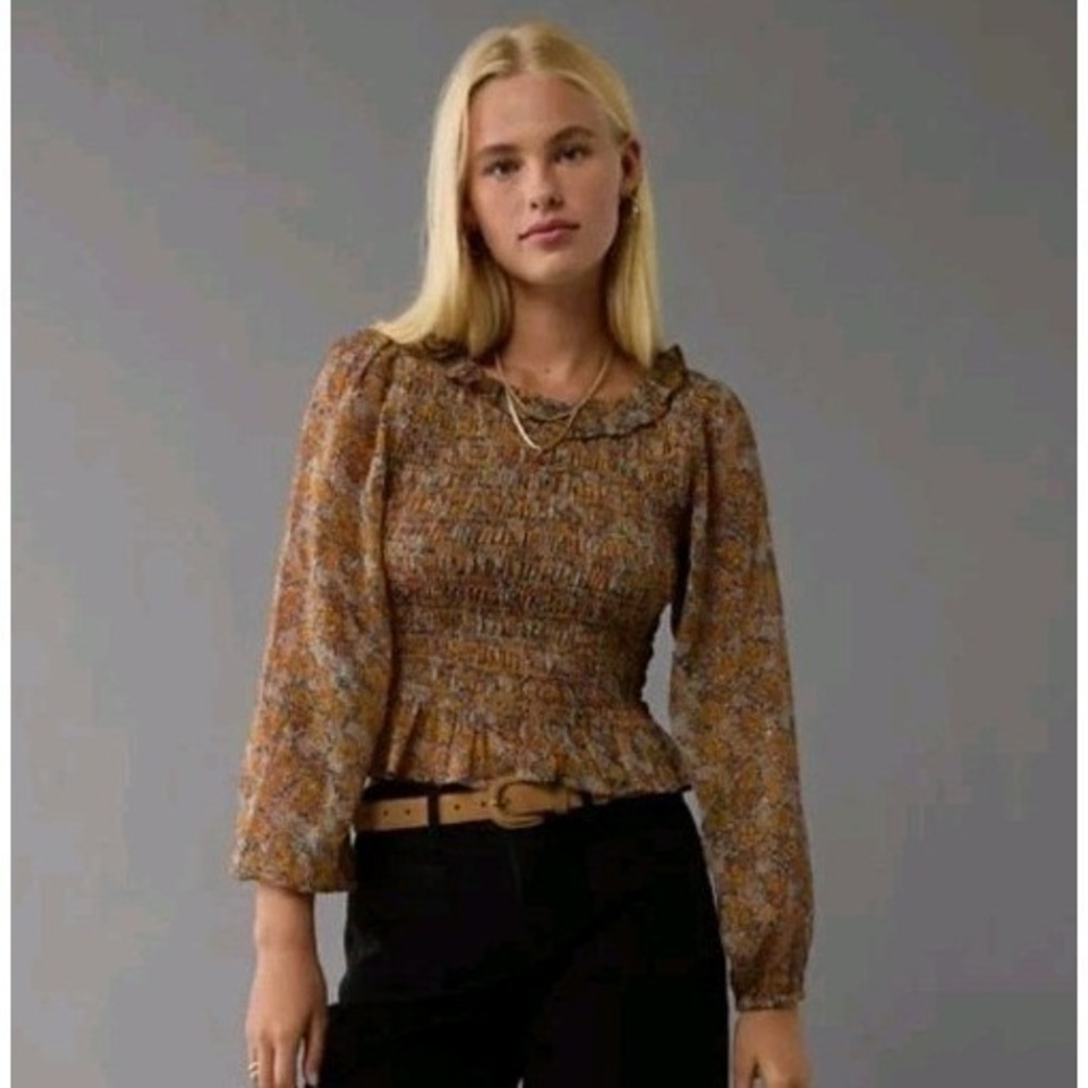 American Eagle Smocked Long Sleeve Ruffle Top Womens S Floral Cottage Whimsigoth